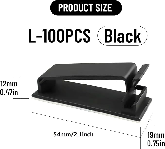 Adhesive Cable Clips Holder, Outdoor Light Clips, Black Cord Wire Clips, Sturdy Nylon Cord Wall Finisher Wire Clamp for Home, Car, Office Desk Wire Management (Black, L-100 PCS)