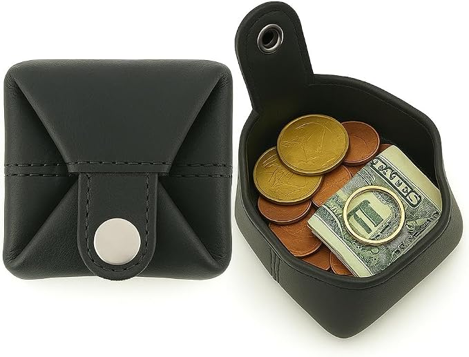 Leather Coin Pouch - Compact Change Holder and Mini Pocket Wallet for Men & Women (Black)