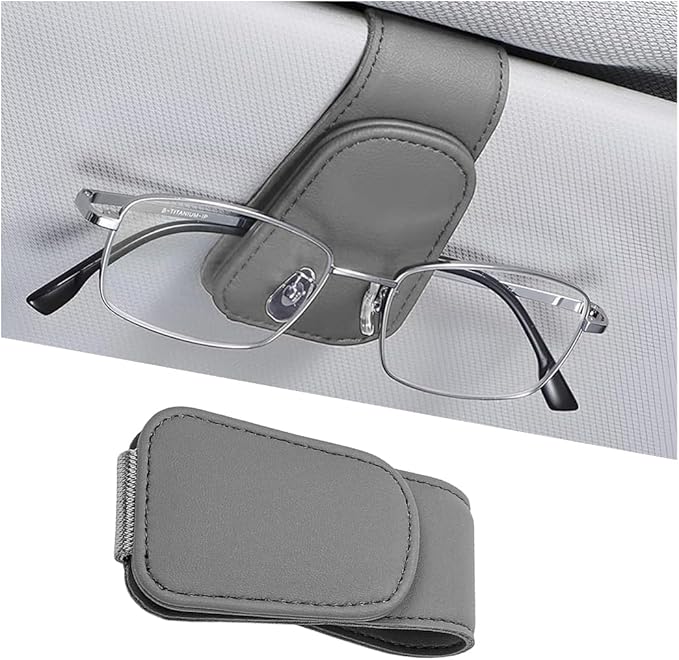 Sunglasses Holder for Car Visor, Microfiber Leather Magnetic Sun Visor Eyeglasses Hanger & Ticket Card Clip, Multi-Function Automotive Interior Glasses Mount, Universal Fit (Gray)