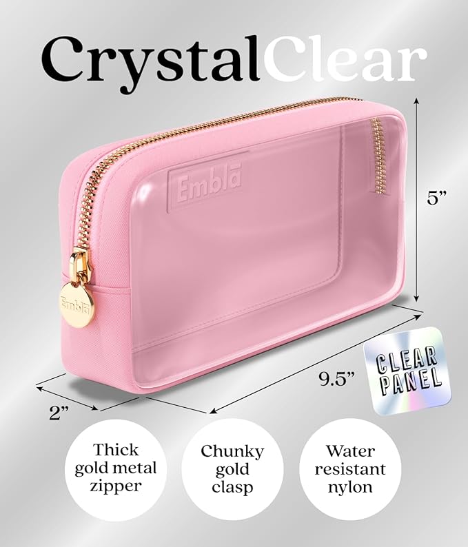 Embla Medium Clear Makeup Bag Travel for Toiletries Cute Make Up Nylon Organizer Pouches Quart Size Cosmetic Bags for Women Girls Zipper Toiletry Skincare Pouch Organizer for Purse Light Pink