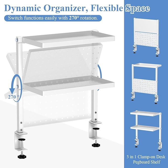 Jumyee Metal Clamp On Desk Shelf with 2-Tier Storage, 270° Flip Magnetic Clamp On Pegboard Organizer with 6 Hooks, Desktop Organizer White Desk Shelf for Home Office Gaming Accessories(White)