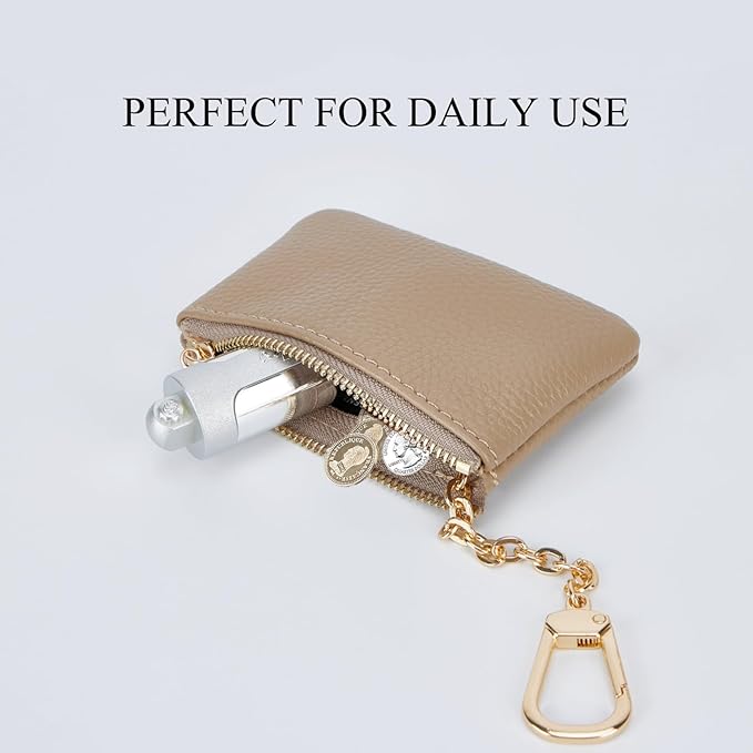 Full Grain Leather Coin Purse with Key Chain - Small Change Purse Keychain Card Holder Pouch Small Wallet for Women and Men (Elephant Gray)