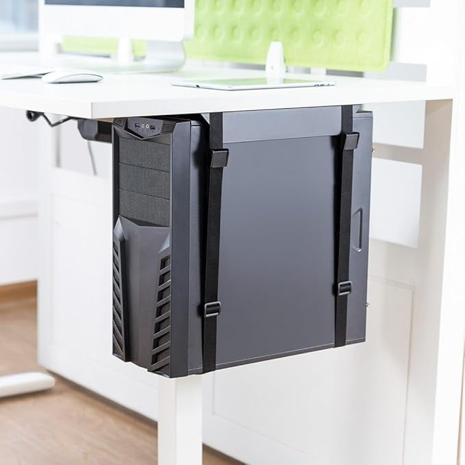 Desky Strap-On CPU Mount ??Under-Desk Adjustable PC Holder with Steel Bracket & Foam Padding ??Supports CPUs up to 22 lbs, Fits Towers up to 15.7" - Black