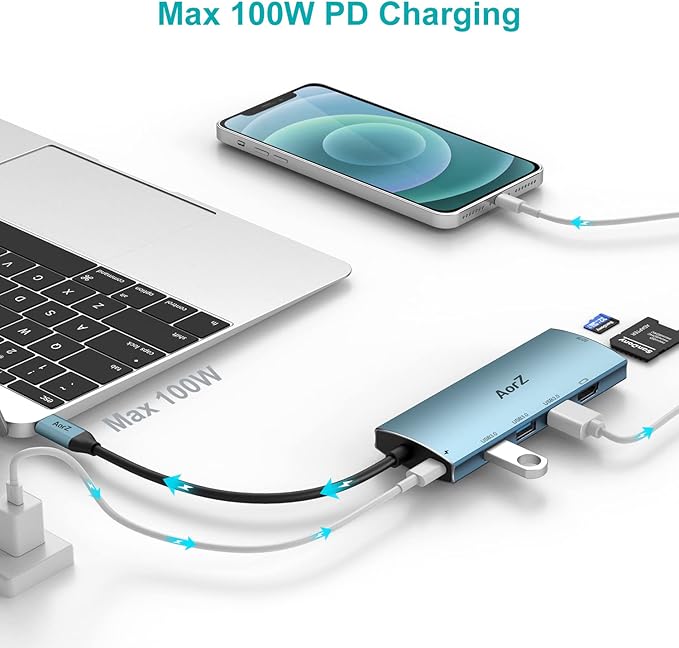 USB C Hub, USB Hub to HDMI Multiport AorZ USB c Dongle Adapter 7 in 1 with 4K HDMI Output, 3 USB 3.0 Ports,SD/Micro SD Card Reader, 100W PD,Compatible with Macbook,XPS and More Type Device(Light Blue)