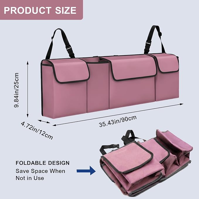 Car Trunk Organizer – Backseat Hanging Large Storage Bag with Adjustable Straps, Waterproof Collapsible Cargo Organizer with 4 Pockets, Space-Saving Trunk Storage for SUV Truck MPV (Pink)