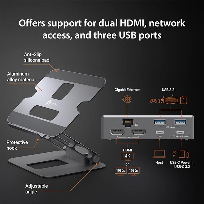 j5create Laptop Stand with USB C Dual HDMI Display Hub - 2 USB A 5Gbps, PD 100W with USB-C 5Gbps, Ethernet | Aluminum Computer Riser for MacBook and Windows Notebook (JTS427)