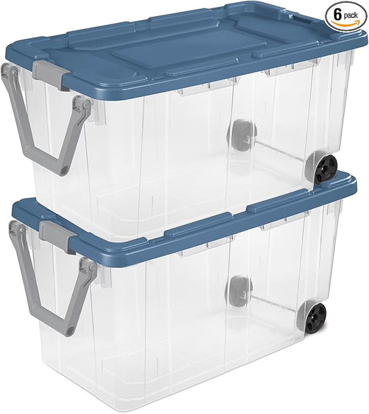 160 Quart Wheeled Stacker Tote, Extra Large Durable Clear Bin, Latch Lid and Pull Handle, 2 Count (Blue/Clear)