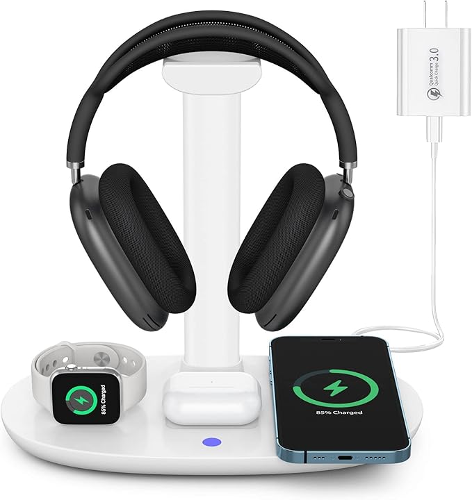 Headphone Stand with 15w Wireless Charger, Suguder 4 in 1 Charging Station Headset Holder for AirPods Max/Pro/4/3/2 iWatch 10/9/8/7/6/5/4/3/2/1/SE iPhone 17/16/15/14/13/12/11/X for Desktop Table Game