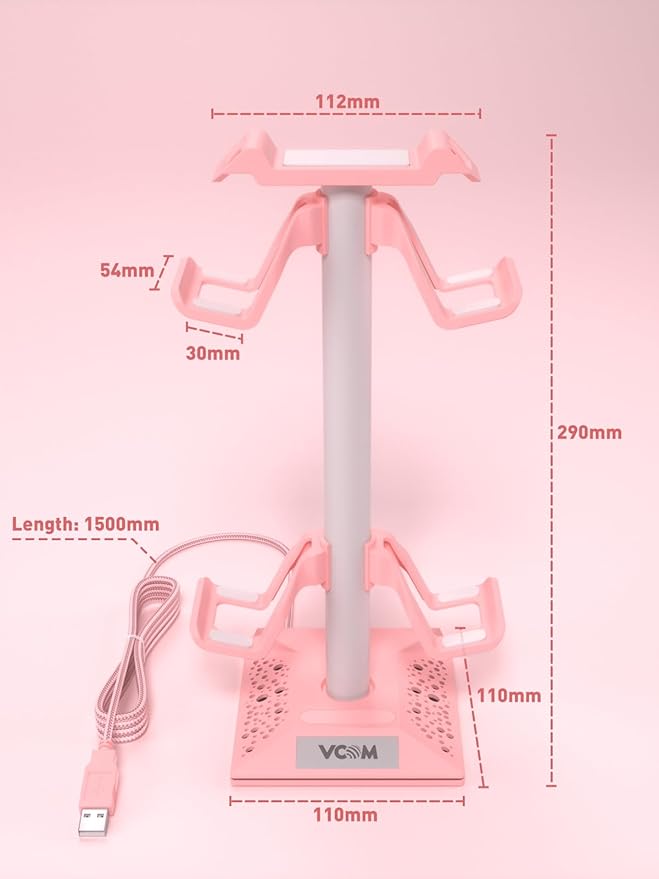 VCOM RGB Gaming Headphones Stand with 2 USB Ports, Pink Headset Stand with 10 Light Modes and Non-Slip Rubber, Suitable for PC Desk Accessories Gamers Gift(Pink)