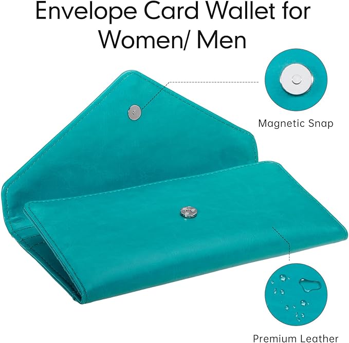 Card Wallet RFID Blocking Envelope Style Tri-fold Checkbook Clutch Slim Vegan Leather 2 ID Windows with Coin Pocket, Green