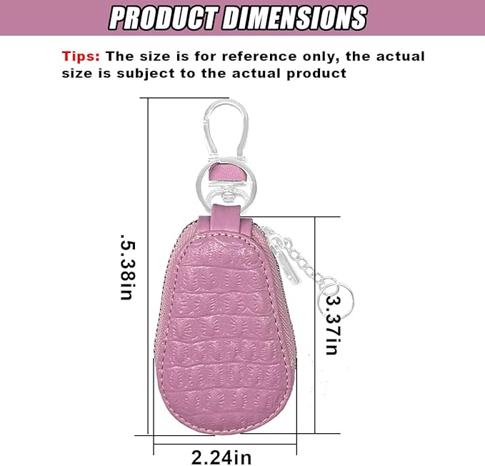 Leather Car Keychain Case Holder - Keyring Zipper Bag Auto Key Fob Cover Case with Metal Hook - Car Key Case Smart Key Fob Protector for Remote Key Fob (Pink)
