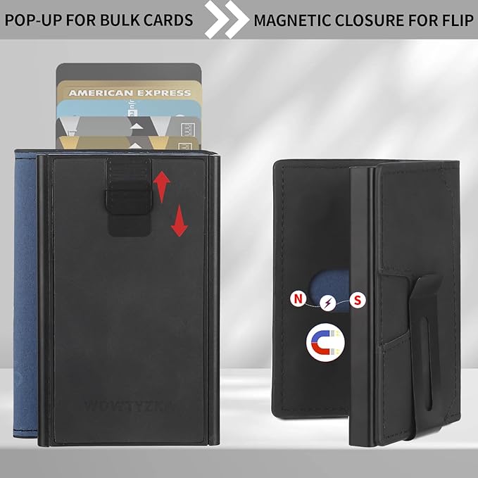 Mens slim Wallet，with RFID Shielding, Holds 9 Cards Easily, metal wallet， card wallet for Men, Minimalist Wallet For Men, Made of aluminum and Pu Synthetic Leather, Includes Cash clip (Black)