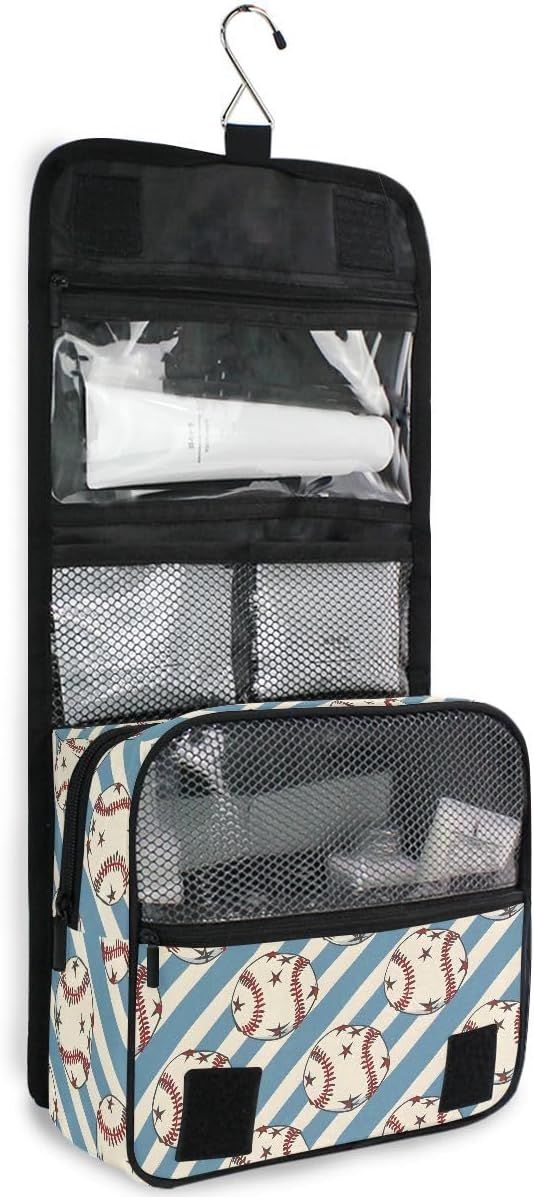 Hanging Travel Toiletry Bag Kit Boys Makeup Case Cosmetics Organizer for Men Women (Baseball Balls Star Blue Stipes)