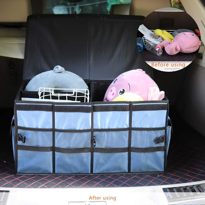 Car Trunk Organizer Collapsible Portable Multi Compartments Organizer with Non Slip Straps for SUV Truck Auto Vehicle Car Auto Minivan (Large covered, Blue)