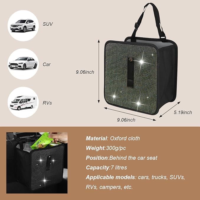Car Trash Can, Bling Rhinestone Crystal Waterproof Hanging Garbage Bag for Car Interior, Oxford Leakproof Foldable Waste Organizer Trash Bin Universal for Most Vehicles (AB)