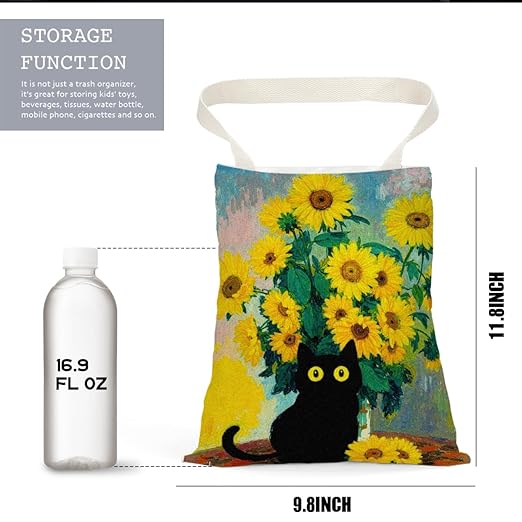 Black Cat Car Trash Bag, Car Trash Bag Hanging, Waterproof Cars Back Seat Hanging Organizer and Storage Trash Bags for Vehicle Travelling Camping Sunflowers Decor