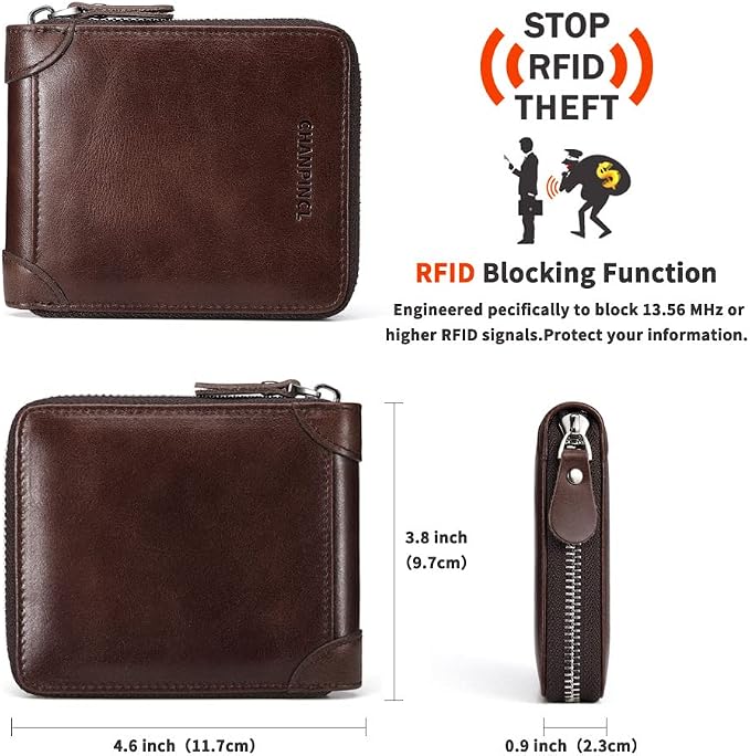 Mens Genuine Leather Zipper Wallet RFID Secure Large Capacity Double Fold Multi-card Leather Wallets for Men and coin purse