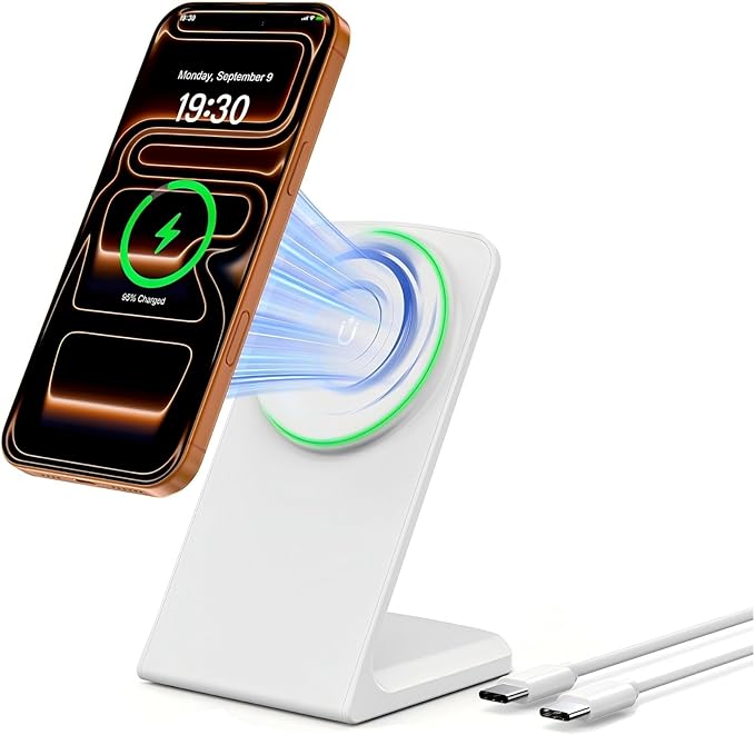 Mag Safe Charger Stand for iPhone: Qi-Certified Fast Magnetic Wireless Charging Station for iPhone 17/16/15/14/13/12 Series (Lunar White)