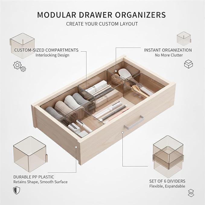 Modular Drawer Dividers Set of 6, Adjustable PP Plastic Organizers for Desk, Kitchen, and Dresser Drawers, 12.6 x 9.4 x 2.4 Inches (Set of 6)