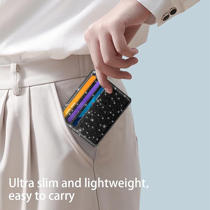 Slim Minimalist Front Pocket RFID Blocking Credit Card Holder Small Wallet Cute Card Cases for Women,Glitter Black