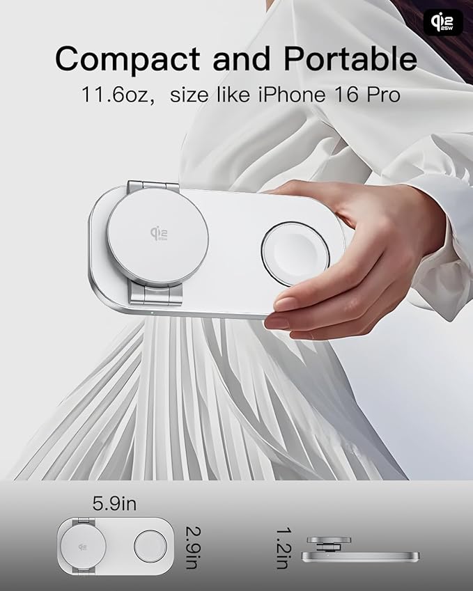 3-in-1 Charging Station for Apple Device, Qi2 25W Certified Magnetic Wireless Foldable Fast Charger Stand Compatible with MagSafe for iPhone 17e/17/16/15/14/13/12/Air Series, Apple Watch & AirPods