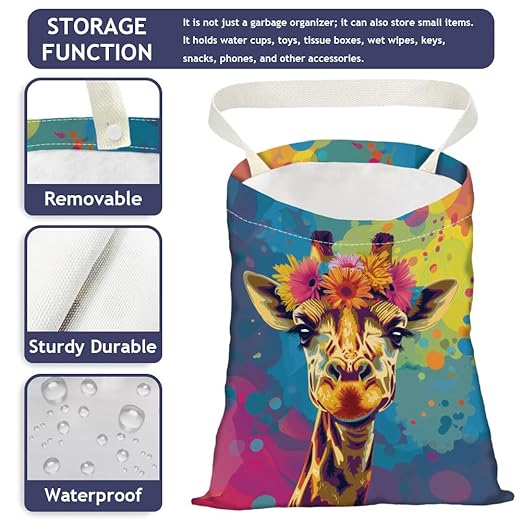Giraffe Flowers Wreath Car Trash Bag Hanging Garbage Bag with Snap Buttons Car Back Seat Trash Storage Portable Dustbin Vehicle Trash Can Bag for Vehicle Accessories Travel Camping