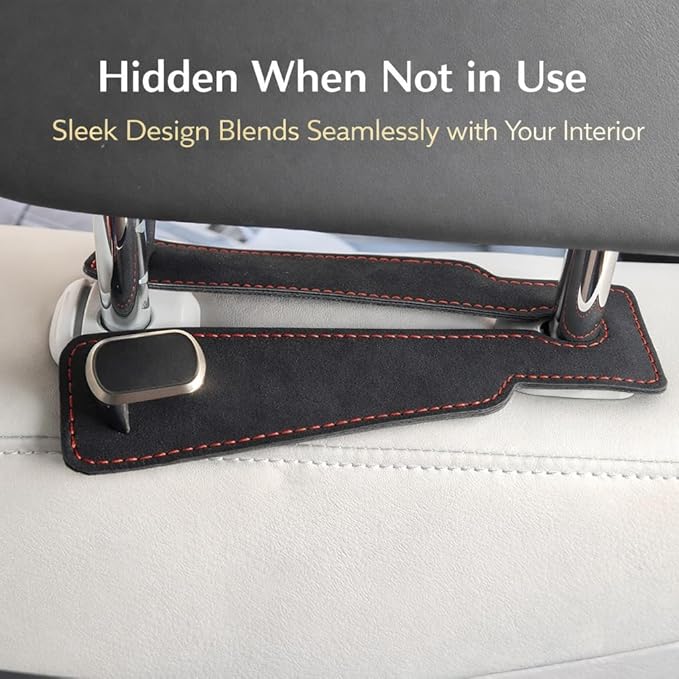 Leather Car Headrest Hooks, 2-in-1 Car Seat Back Purse Hooks with Double Metal Hangers, Universal Car Storage Holder for Bags, Handbags, Phones & Groceries(2PCS, Black)