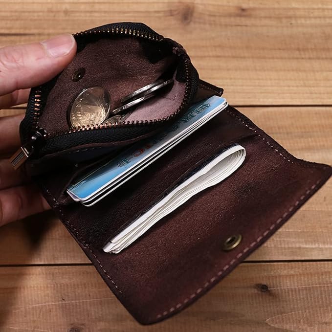 1 Pcs Leather Zipper Coin Purse Wallet With Card Slots,Snap Leather Coin Pouch, Coin Organizer, Change Holder,Card Case, Leather Zipper Storage Bag for Men & Women