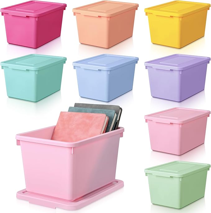 Potchen 8 Pack Cute Plastic Storage Bins with Lids Decorative Stackable Storage Boxes 9.8" ×7.3" ×5.7" Small Storing Totes for Organizing Craft Office Supplies (Mixed Color)