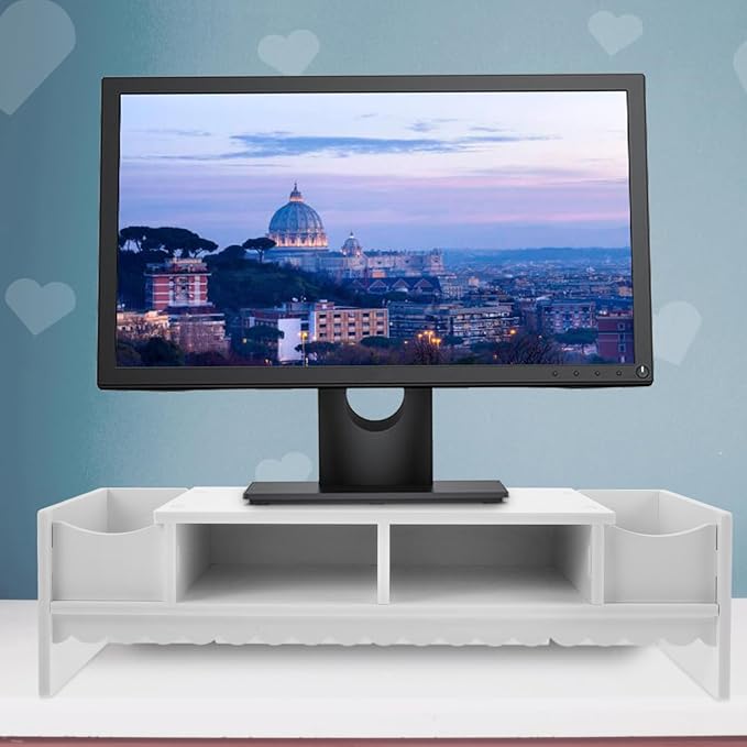STOBOK Monitor Stand with Drawer Laptop PC Monitor Riser Rack Holder Desk Organizer Tabletop Storage Cabinet Wooden White