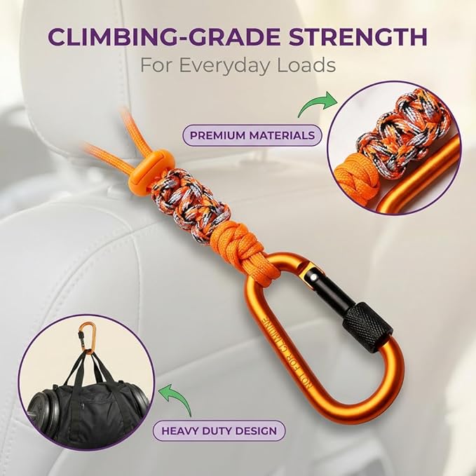 Car Seat Back Hooks 2 Pack - Heavy Duty Rope & Metal Buckle Car Hangers, No Wobble Multi-Purpose Organizer for Grocery Bags, Backpacks, Umbrellas, Trash Bags (Fit Most Vehicles) Orange