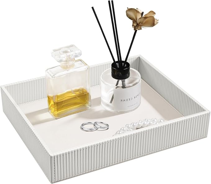SITHON Valet Tray Desk Organizer, PU Leather Catchall Bedside Vanity Tray Nightstand Caddy Coin Box Key Jewelry Storage Organizer, Graduation, Stripe Pearl White