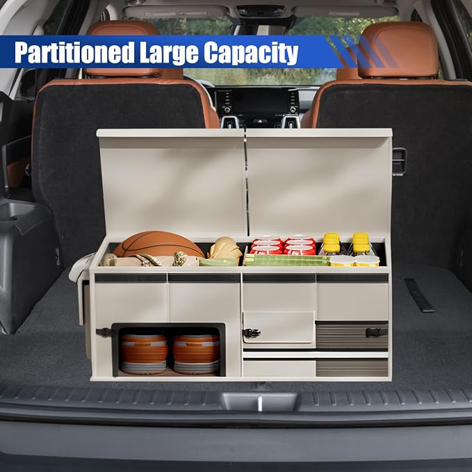 Car Trunk Organizer, Collapsible Multi Compartment Cargo Storage Box with Lid & Reinforced Handles, Adjustable Waterproof Vehicle Storage Organizer Accessories for Car SUV Truck (Beige)