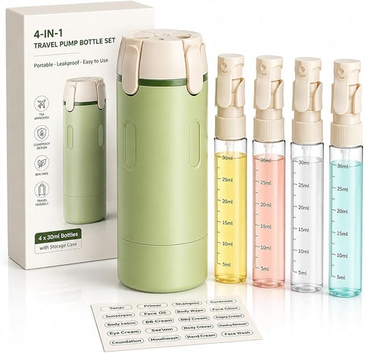 4 in 1 Travel Dispenser Bottle Set, TSA Approved Leak-Proof, 4×30ml | Twist-lock pump; 4×30ml refillable bottles; TSA carry-on compliant; for gym, travel & business trips; labels included