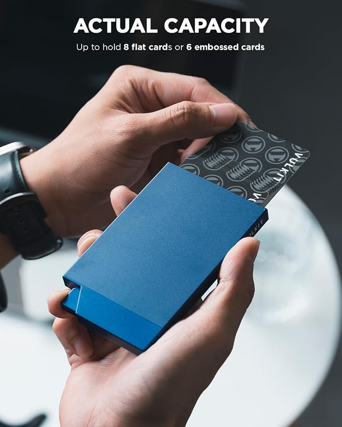 VULKIT Pop up Card Holder Minimalist Credit Card Holder RFID Blocking Slim Metal Card Case for Men or Women (Navy)