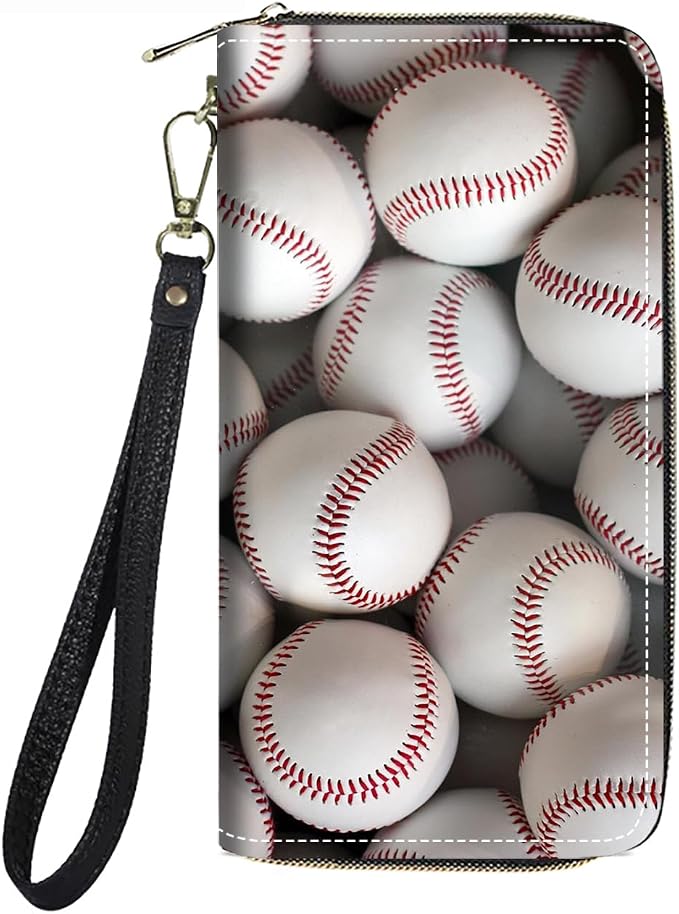 Women's Large Capacity Wallet PU Leather Zip Around Clutch Purse Multifunctional Wallet with Removable Wristlet Strap for Smart Phone/Coin/Card/Cash, Baseballs
