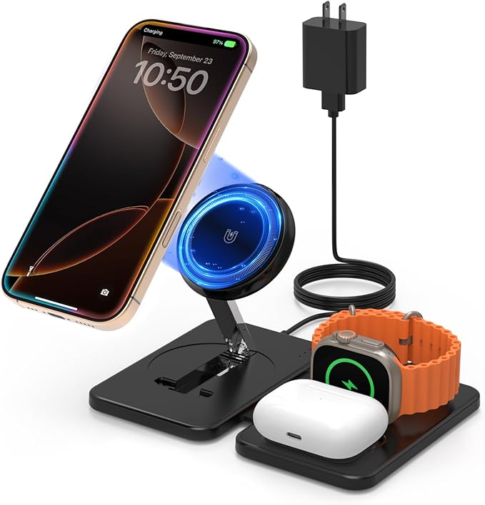 Charging Station Magnetic for iPhone Mag-Safe: JoyGeek 3 in 1 Foldable Wireless Charger for iPhone 17-12 Pro Max Plus, Travel Charger for AirPods, A-pple Watch 11-2 Series