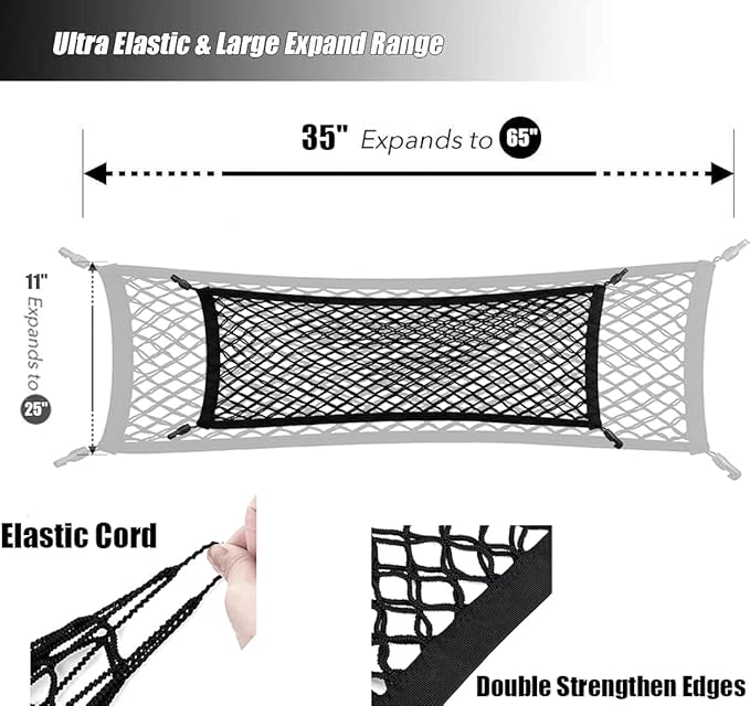 Double-Layer Trunk Cargo Elastic Net for SUV, 35"x11" Stretch to 65"x25" for Car Organizer Heavy Duty with Hooks