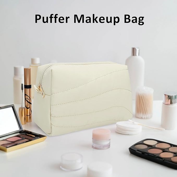 Travel Makeup Bag for Women, Small Cosmetic Bags Organizer Toiletry Bag, Nylon Pouch Travel Essentials Toiletries Accessories Brushes, Beige