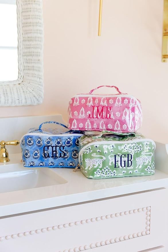 Personalized Flat Lay Makeup Bag - Clear-Coated Embroidered Cosmetic Organizer, Monogrammed Wide-Open Travel Pouch with Easy-Access Interior, Handmade Gift for Women (Pink Lotus)