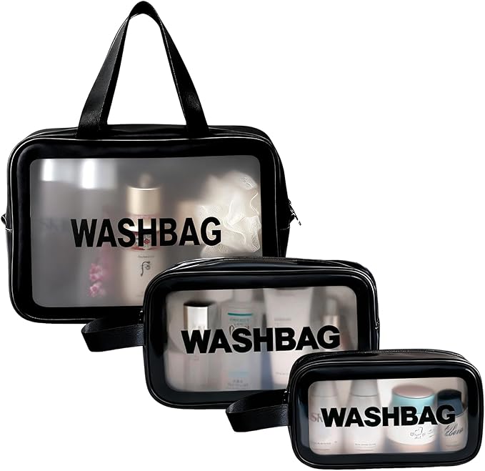 BIRDDIE Clear Travel Bags for Toiletries, 3 Pack Toiletry Bag, Matte Translucent Makeup Bag with Handy Handle, Travel Pouch, Cosmetic Organizer for Travel Essentials (Black)
