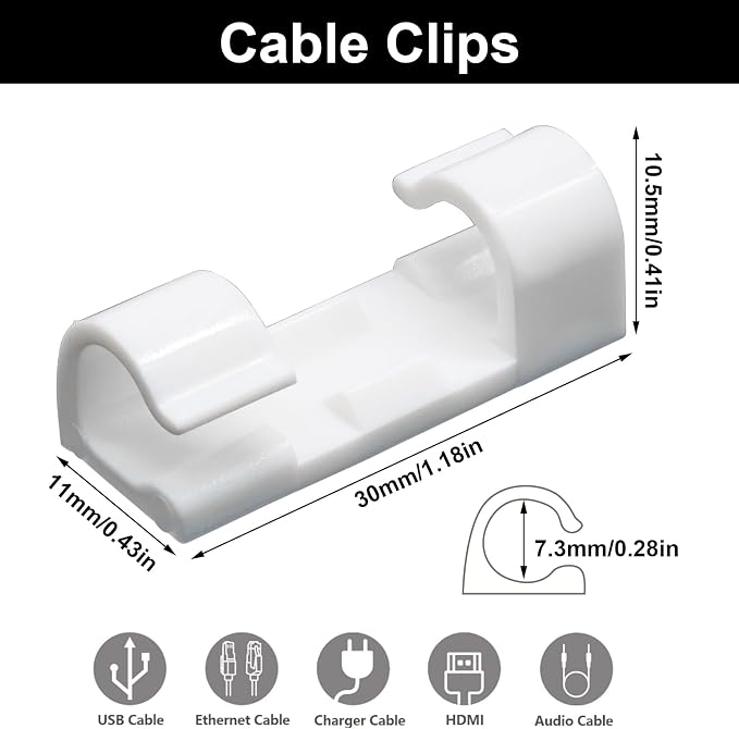 Jiozermi 60 Pcs Self Adhesive White Cable Clips, Cable Wire Management Clips with 3M Adhesive Wall Wire Holder Cord Management for Desk, Wall, TV, Car Dash Cam, RV, Ethernet, PC, Christmas Light