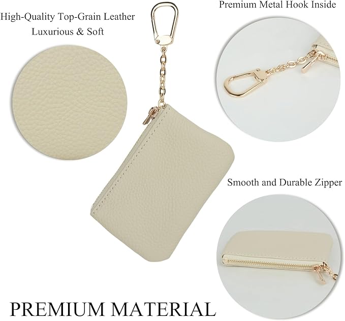 Full Grain Leather Coin Purse with Key Chain - Small Change Purse Keychain Card Holder Keychain Pouch Small Keychain Wallet for Women and Men (Creamy-white), LA-2312