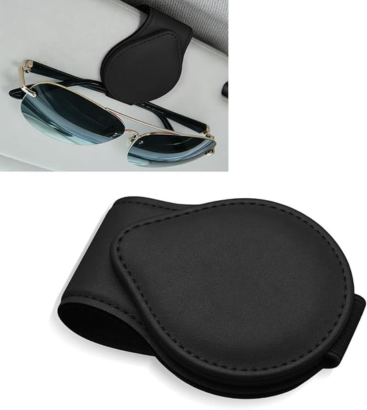Sunglasses Holders for Car Visor, PU Leather Car Organizer, Magnetic Glasses Holder and Ticket Card Clip, Multi-Functional Auto Sun Visor Eyeglass Holder for Most Vehicles (Black)