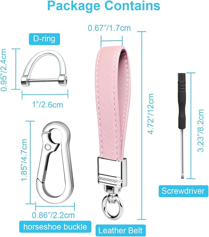 QBUC Genuine Leather Car Keychain,Universal Heavy Duty Metal Key Chain Accessories,Car Fob Key Keychain Holder with 360 Degree Rotatable Snap Swivel and Anti-Lost D-Ring for Men Women(Light Pink)