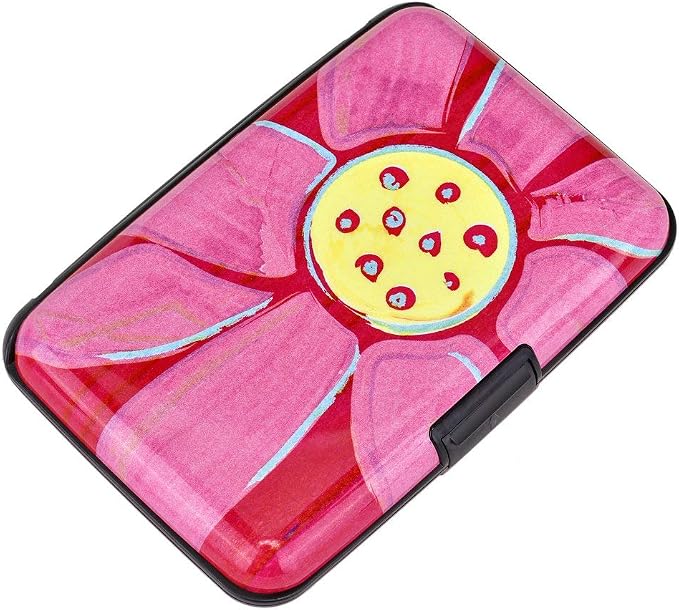 ELFISH RFID Blocking Credit Cards Holder Aluminum Wallet Metal ID Case for Men Women (Big pink flower)