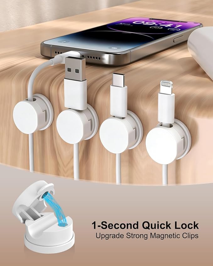 OneLeaf 8 Pack Magnetic Cable Clips, Rotatable Cable Management Clips for Desk & Wall, Strong Adhesive Cord Organizer for Phone Chargers, Ethernet & Cable Wires, Home Office Car, White