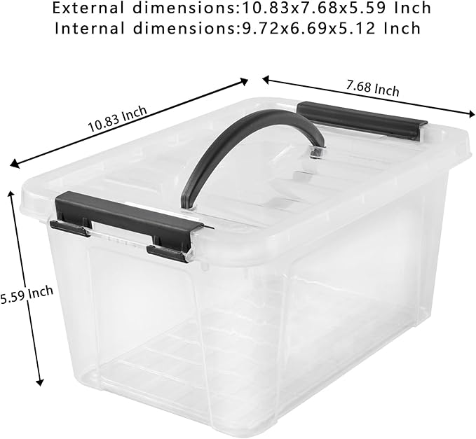 Eslite 6 Quart Plastic Stackable Storage Latch Bins,Clear Latching Box with Handle and Lid,Pack of 6 (Black Handle)