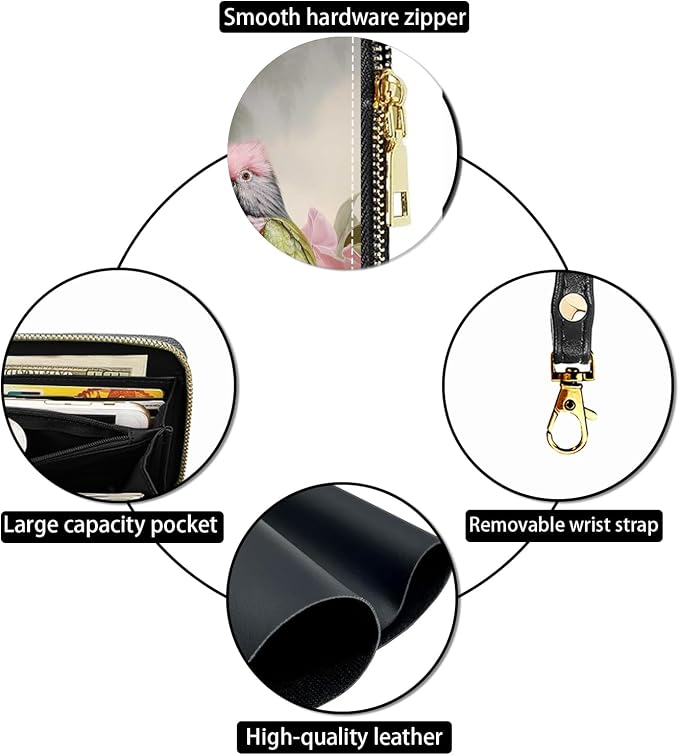 Women's Large Capacity Wallet PU Leather Zip Around Clutch Purse Multifunctional Wallet with Removable Wristlet Strap for Smart Phone/Coin/Card/Cash, Parrot