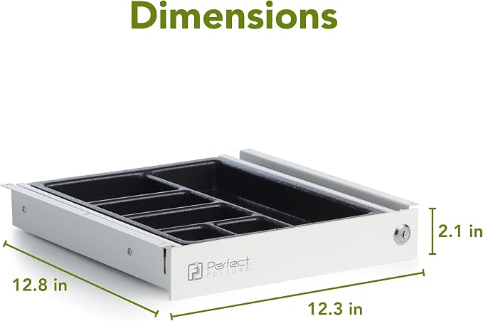 PERFECT POSTURE Max Under Desk Storage Drawer – Large Desk Drawer with Lock for Regular & Sit-Stand Standing Desks, White (12.3” x 12.8”)